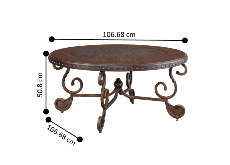 Dutton Wooden Round Coffee Table with Nailhead Trim and Metal Legs
